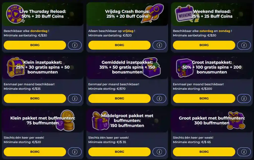BuffBets Casino bonus aanbiedingen met reload bonus en gratis spins