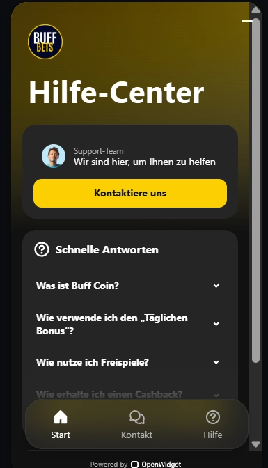 BuffBets Casino help center met support en FAQ overzicht op mobiel